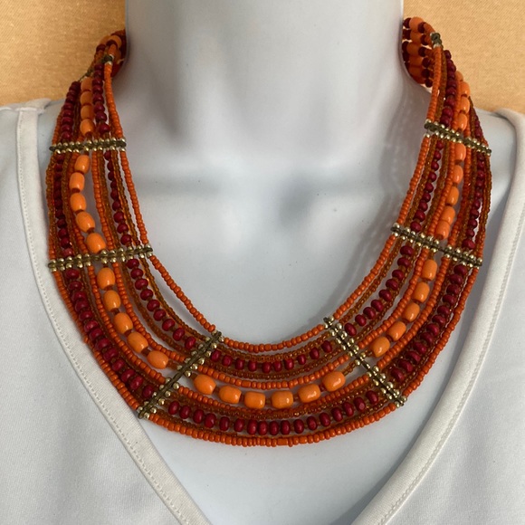 Vintage tribal collar red, orange and gold tone bead necklace - Picture 1 of 4